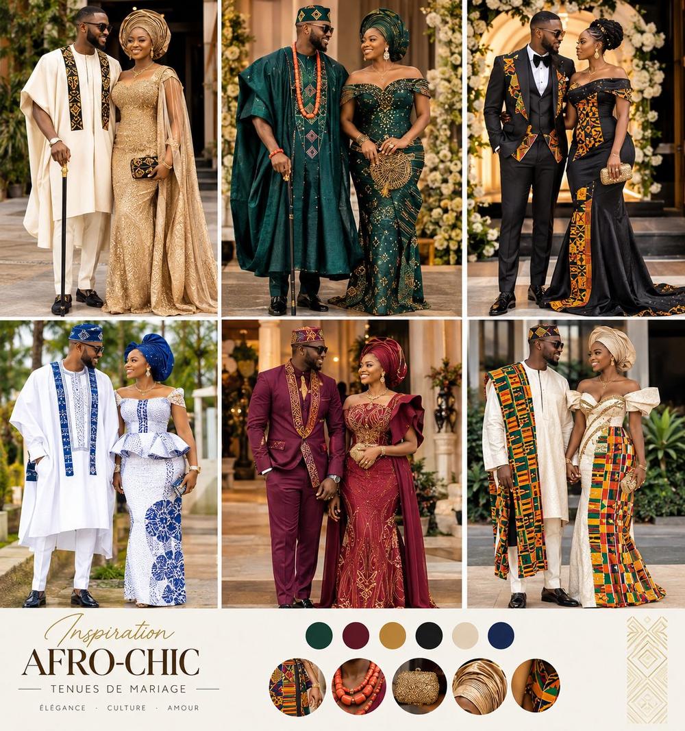 Planche d'inspiration : six couples en tenues de mariage afro chic, ivoire et or, vert émeraude, noir et kente, bleu et blanc, bordeaux, kente et ivoire
